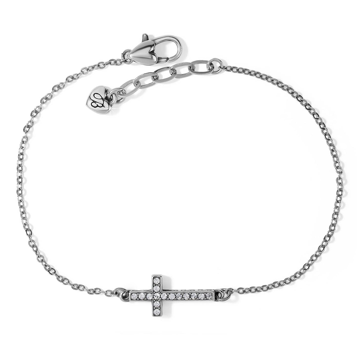 Brighton bracelet with silver-plated chain and sideways crystal cross charm with lobster clasp on a white background