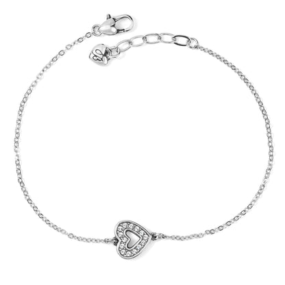 Brighton silver-plated bracelet with crystal-accented heart charm and lobster clasp closure on a white background