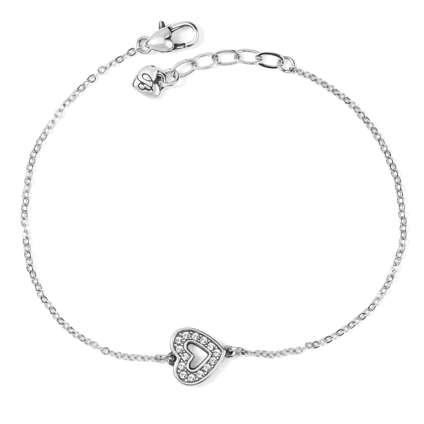 Brighton silver-plated bracelet with crystal-accented heart charm and lobster clasp closure on a white background