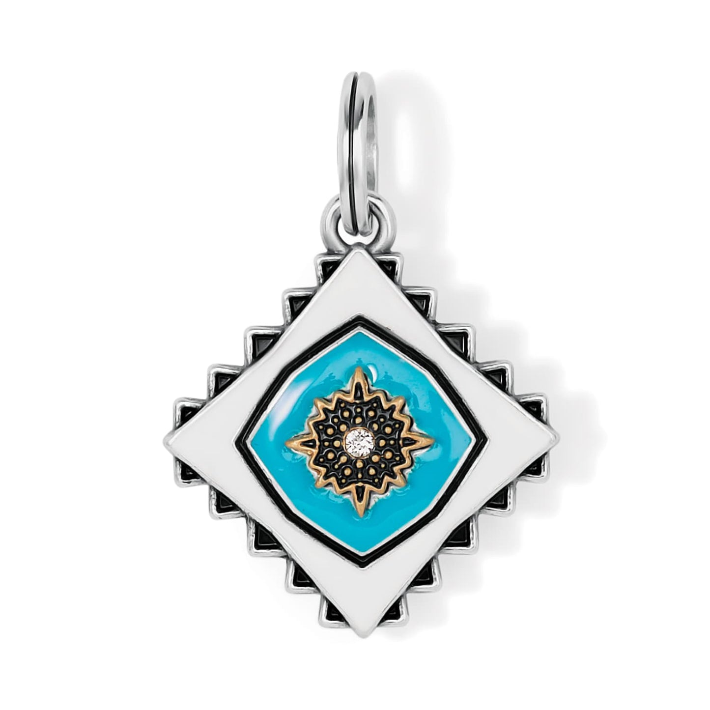 Brighton diamond-shaped charm with turquoise enamel center, gold starburst with crystal, and white border on a white background