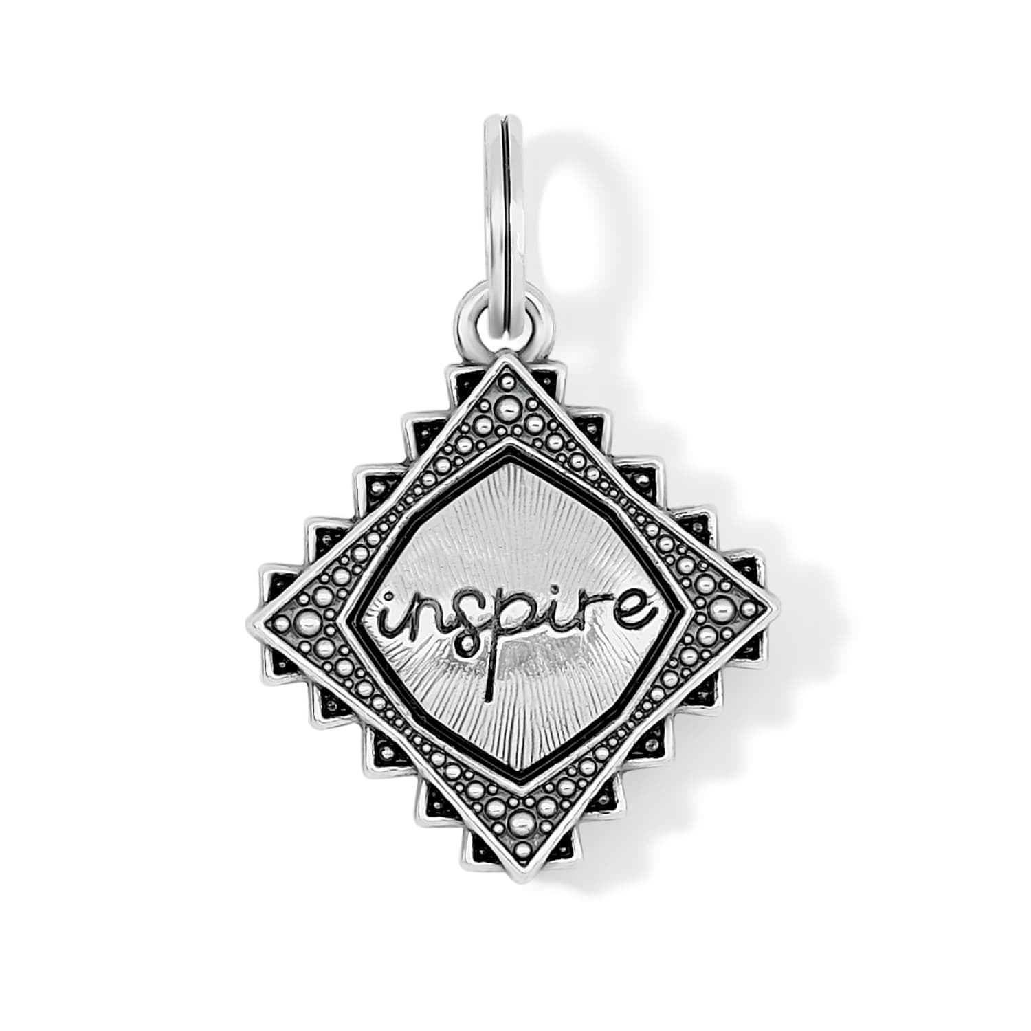 Brighton charm with silver-plated diamond-shaped medallion, beaded border, and engraved inspire text on a white background