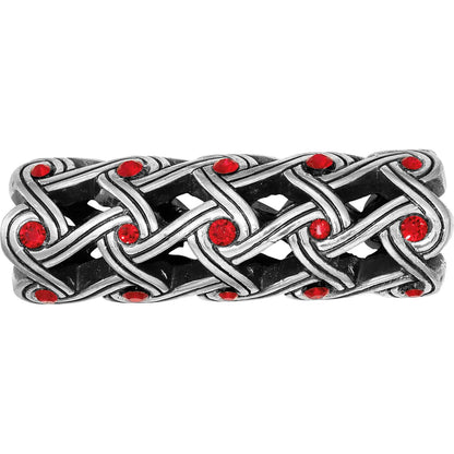 Brighton bracelet with silver-plated woven lattice design and red crystal accents throughout on a white background