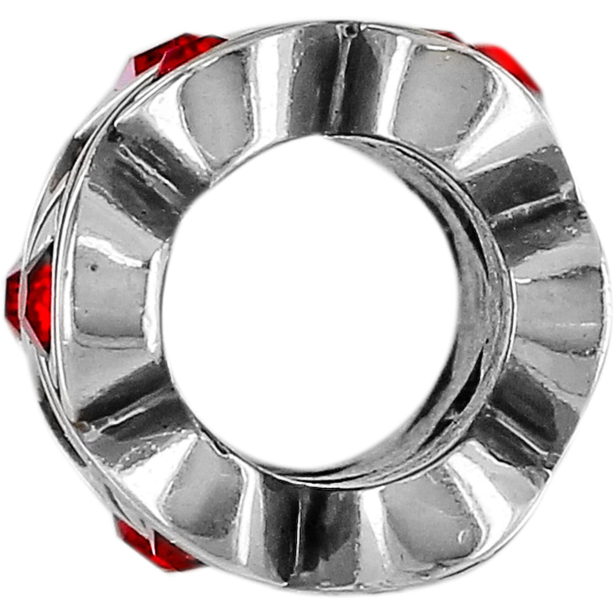 Brighton silver-plated spacer bead with ridged rondelle design and red crystal accents on a white background