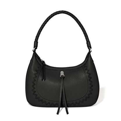 Brighton black leather hobo handbag with whipstitch trim, braided top handle, and silver-tone knot accent on a white background