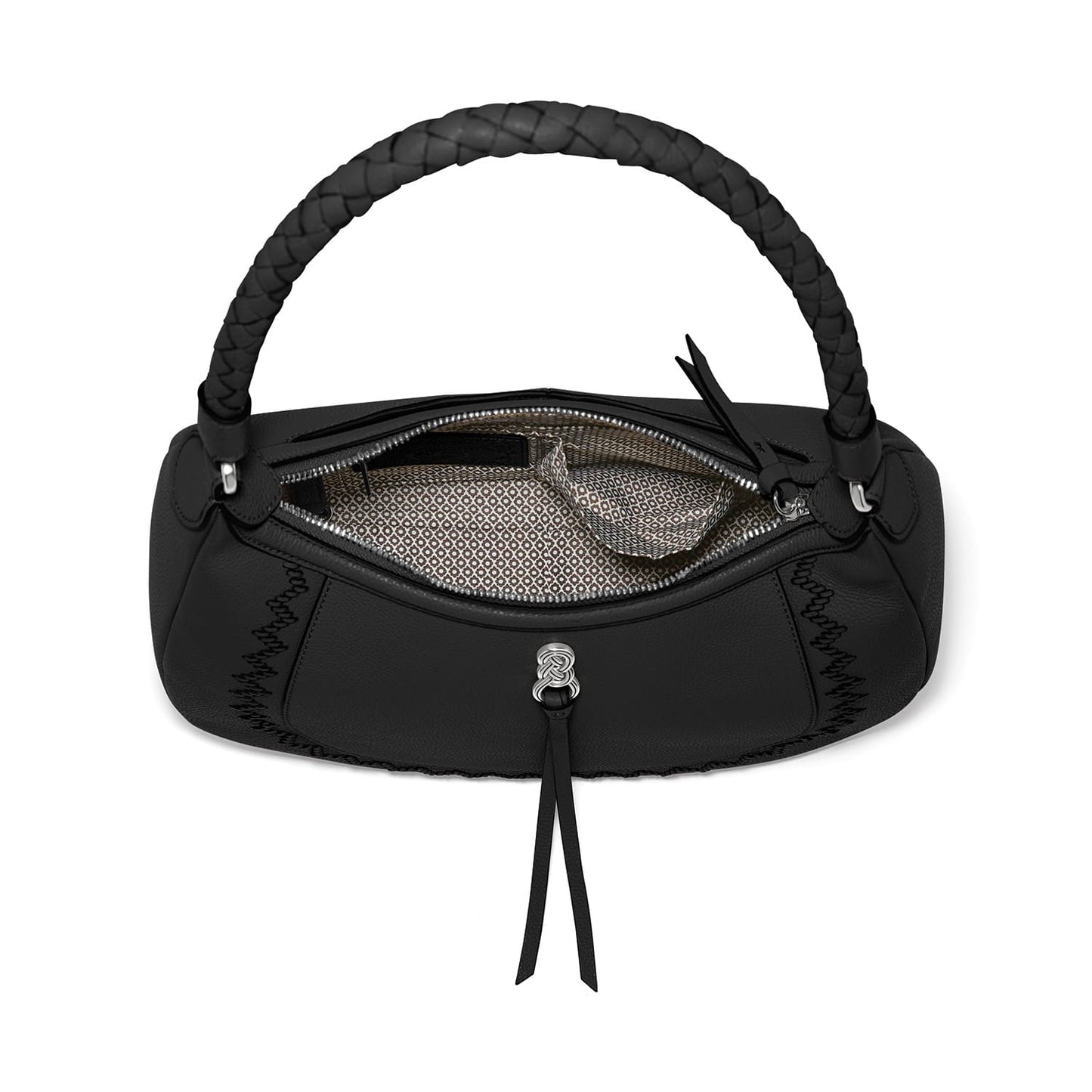 Brighton black leather handbag shown open with braided top handle, patterned interior lining, and knotted tassel on a white background