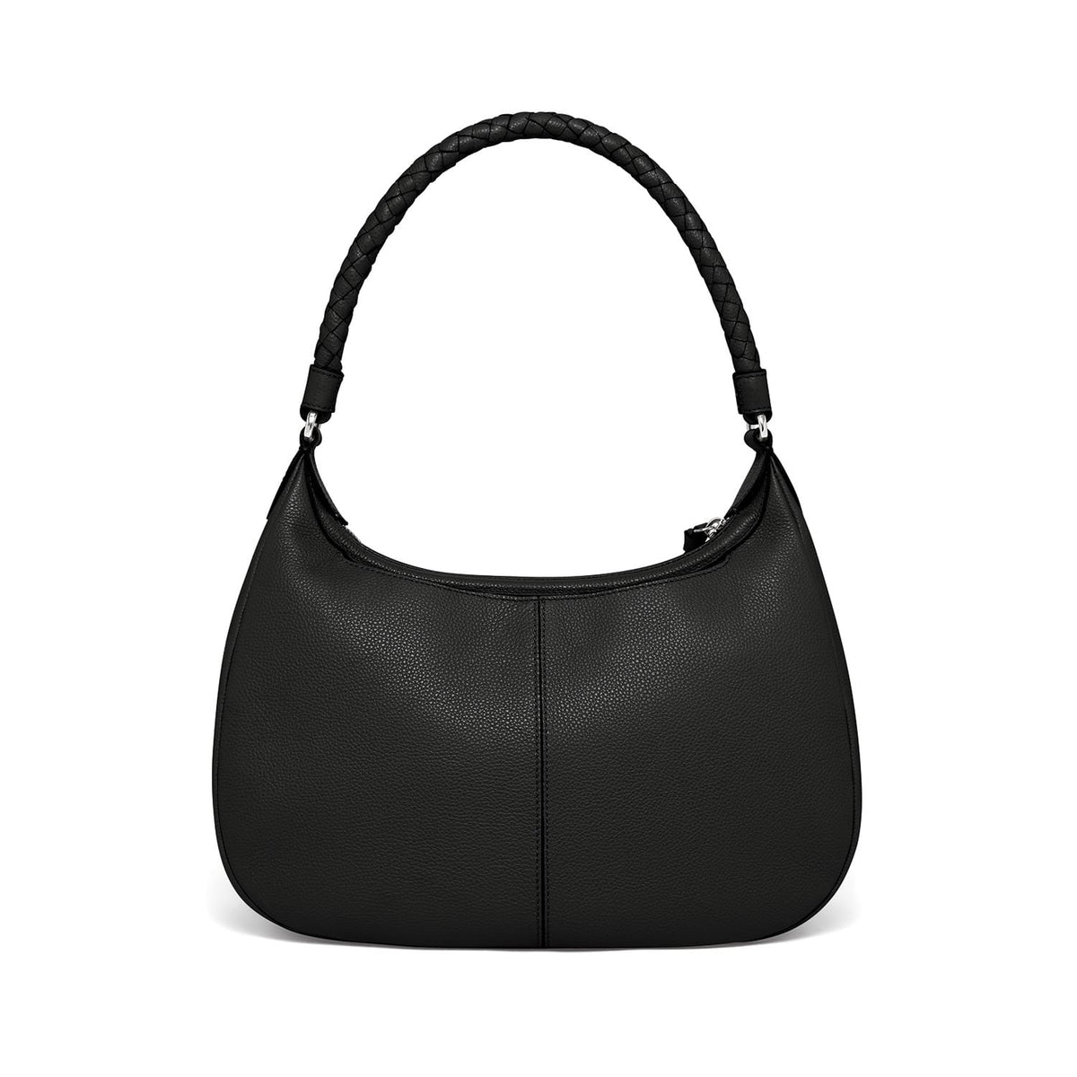 Brighton black pebbled leather hobo handbag shown from the back with braided top handle on a white background
