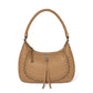Brighton shoulder handbag in tan leather with braided handle, whipstitch trim, and knotted tassel accent on a white background