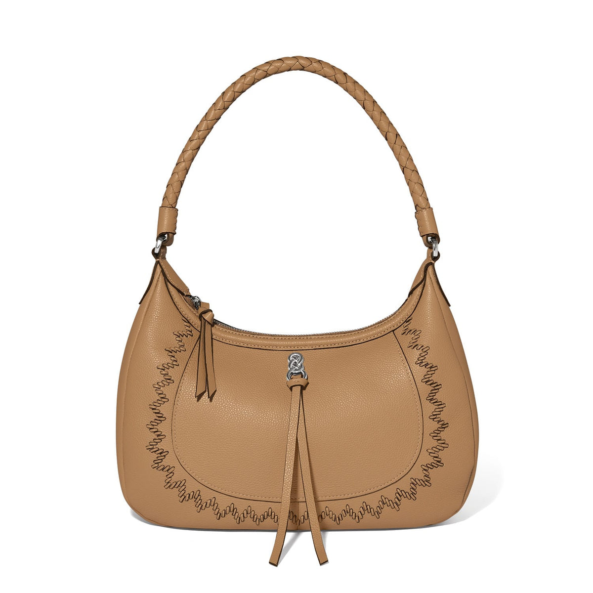 Brighton shoulder handbag in tan leather with braided handle, whipstitch trim, and knotted tassel accent on a white background