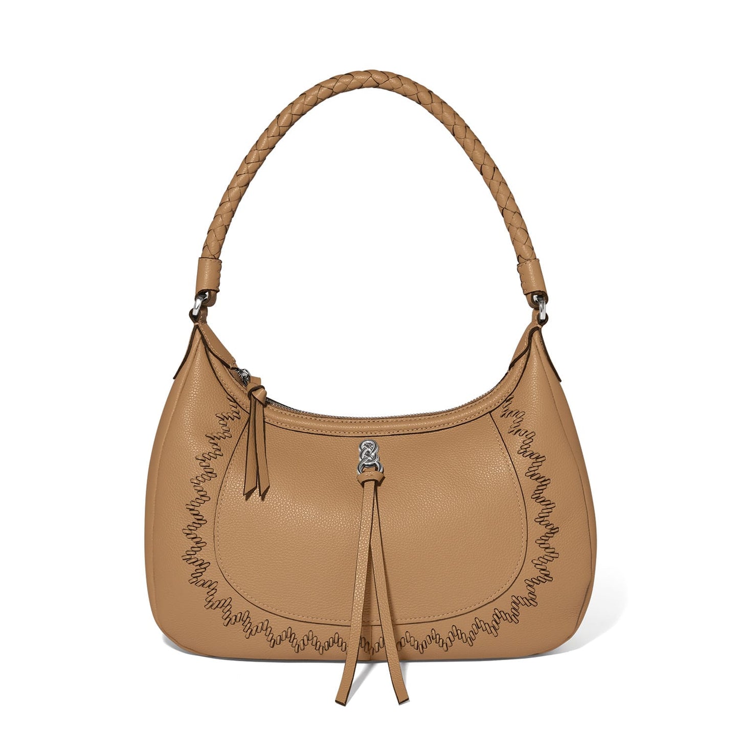 Brighton shoulder handbag in tan leather with braided handle, whipstitch trim, and knotted tassel accent on a white background