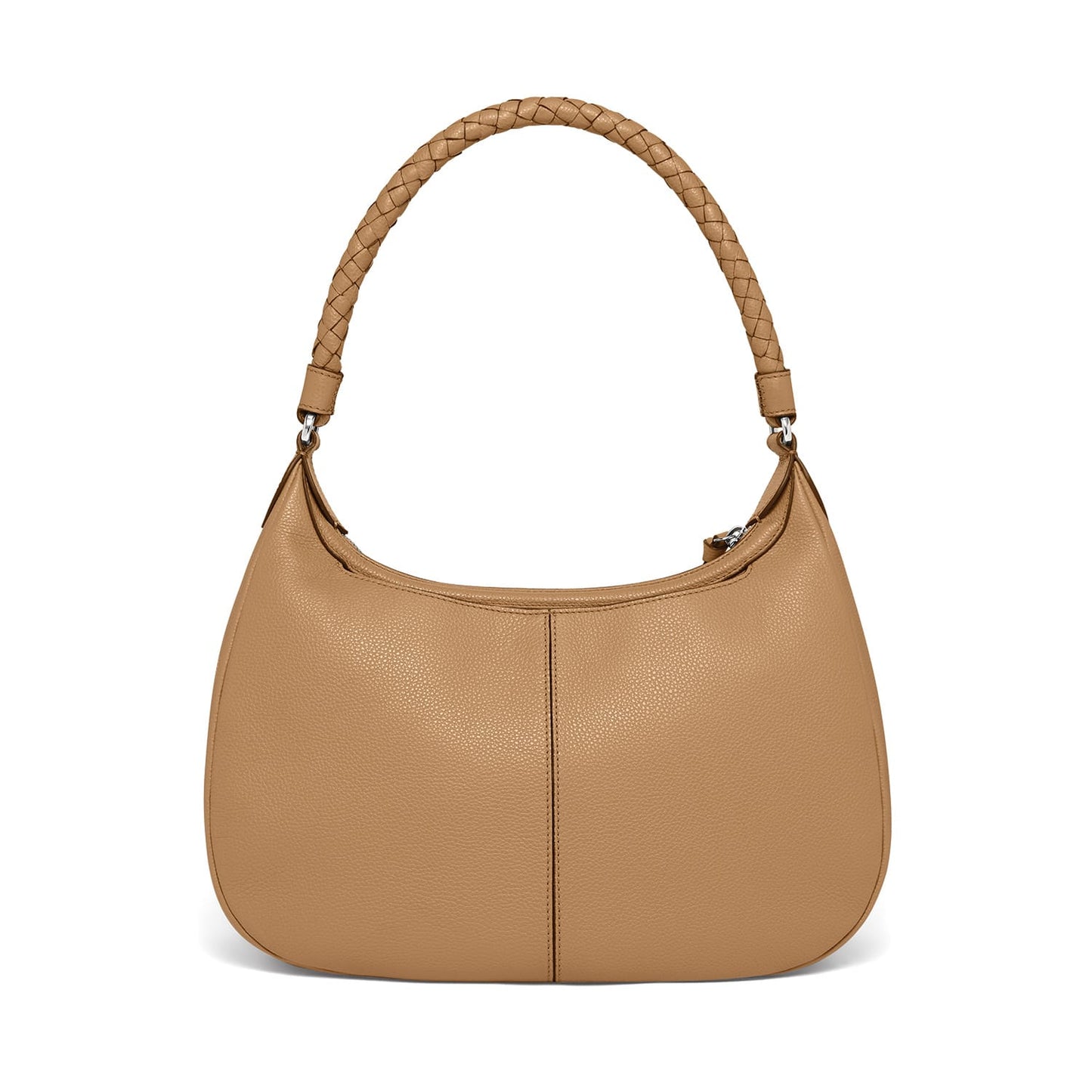 Brighton hobo handbag in tan pebbled leather with braided top handle and silver-tone hardware on a white background