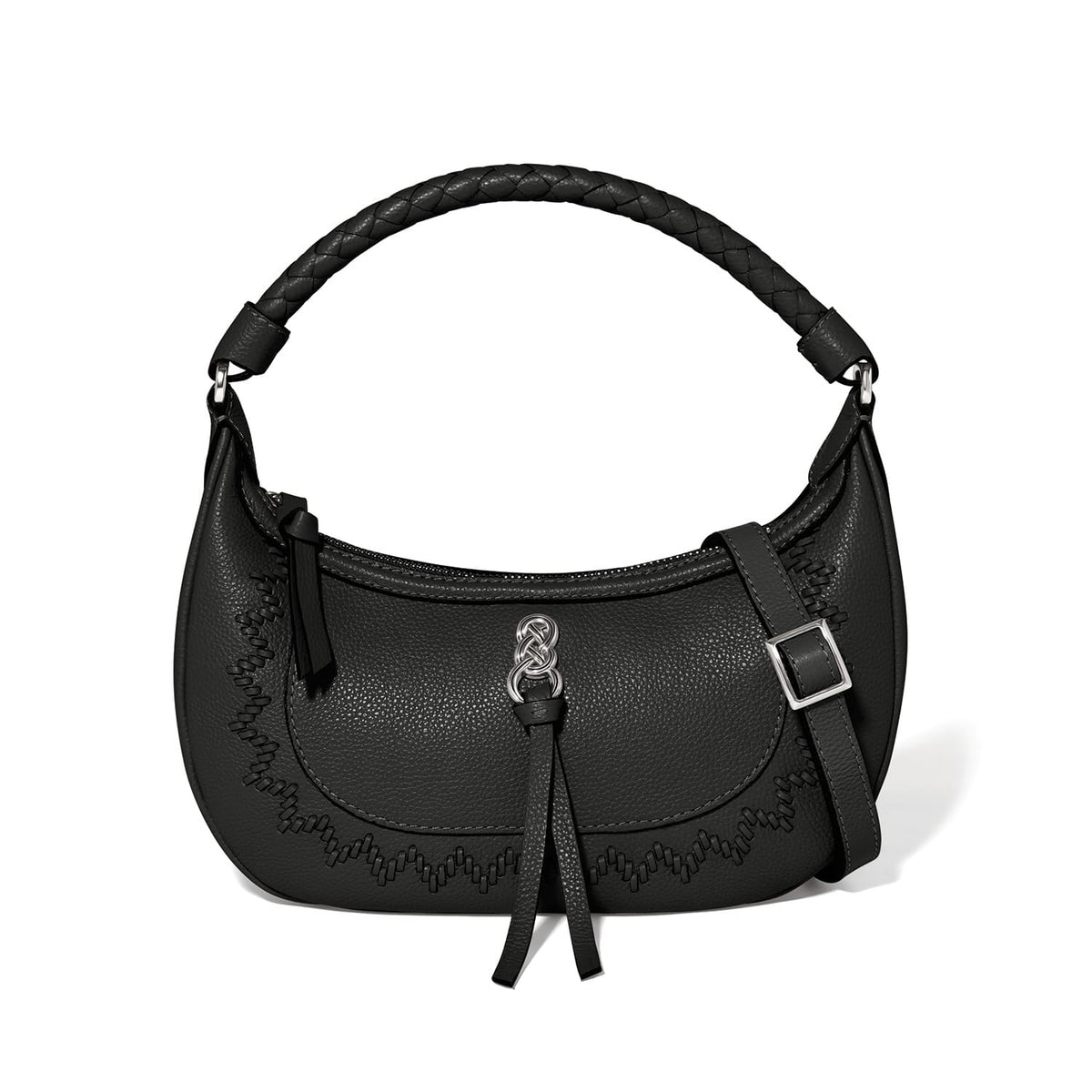 Brighton black pebbled leather handbag with braided top handle, silver-tone buckle strap, and knot charm on a white background