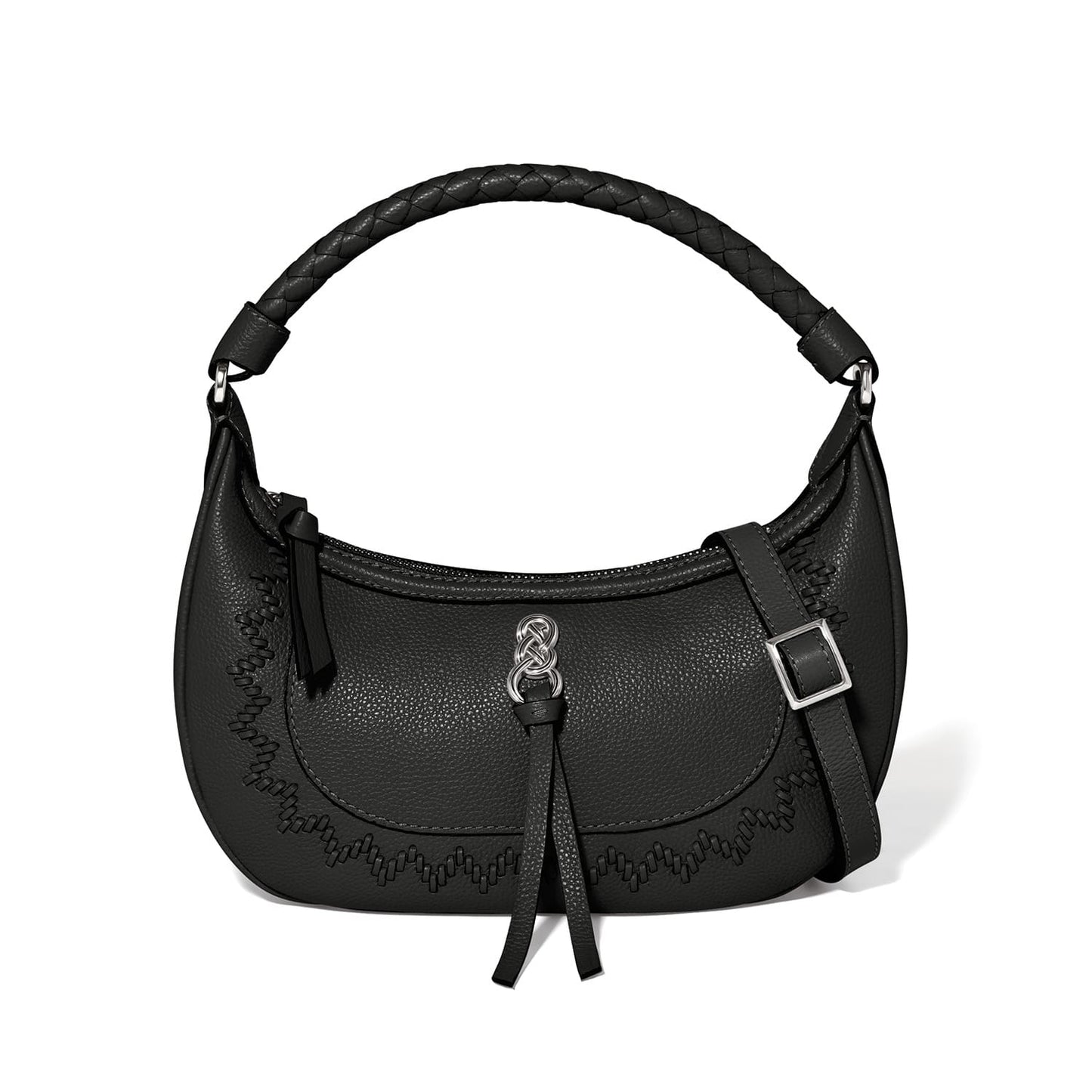 Brighton black pebbled leather handbag with braided top handle, silver-tone buckle strap, and knot charm on a white background
