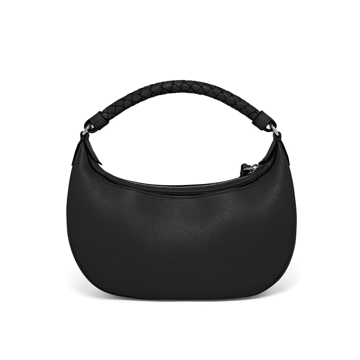 Brighton handbag shown from the back in black pebbled leather with braided top handle on a white background