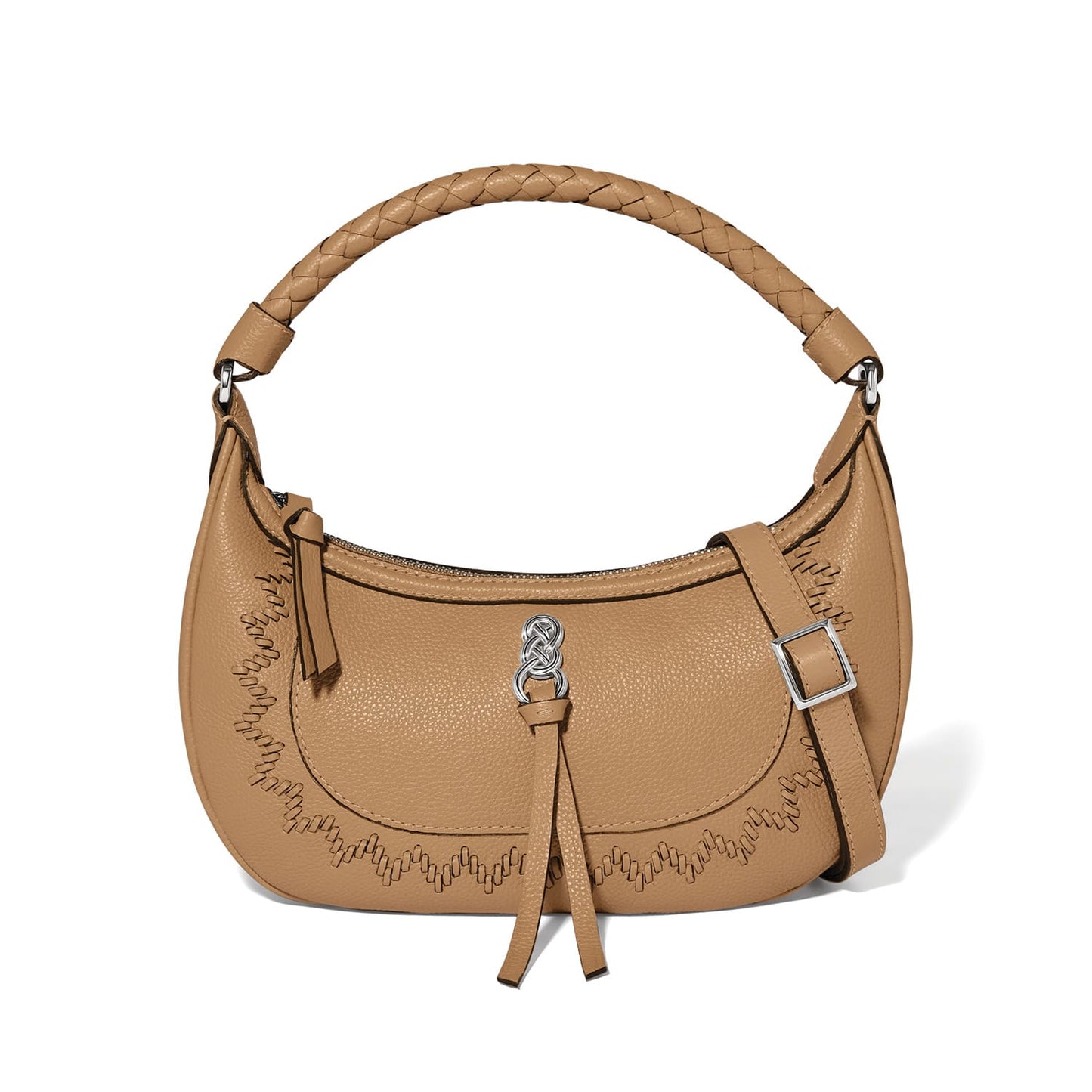 Brighton tan leather handbag with braided top handle, whipstitch trim, knotted charm, and adjustable strap on a white background