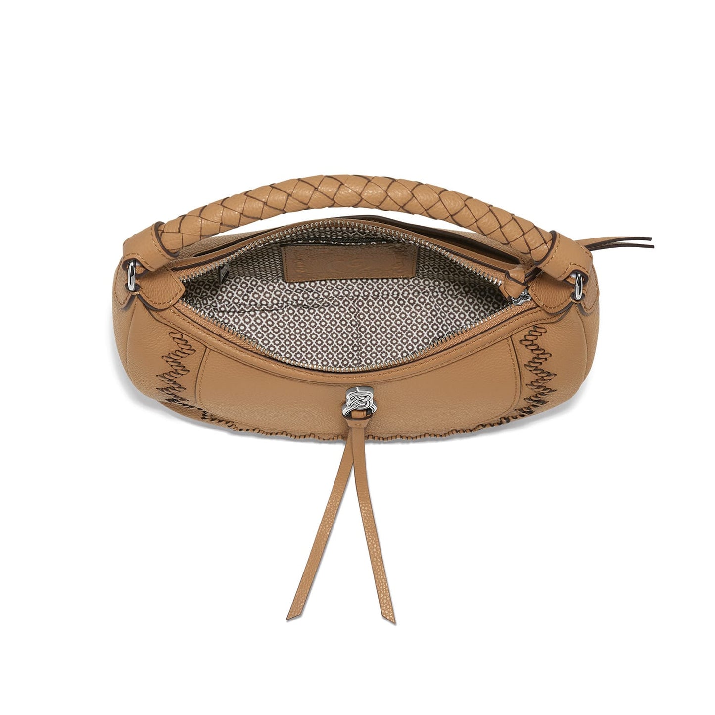 Brighton tan leather handbag shown open with patterned interior lining, braided handle, and leather tassel on a white background