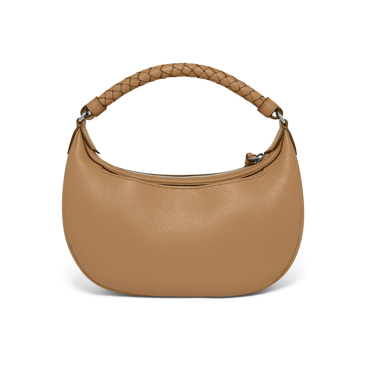 Brighton handbag shown from the back in tan pebbled leather with braided top handle on a white background