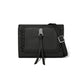 Brighton black pebbled leather crossbody handbag with silver-tone knot accent, leather tassel, and whipstitch trim on a white background