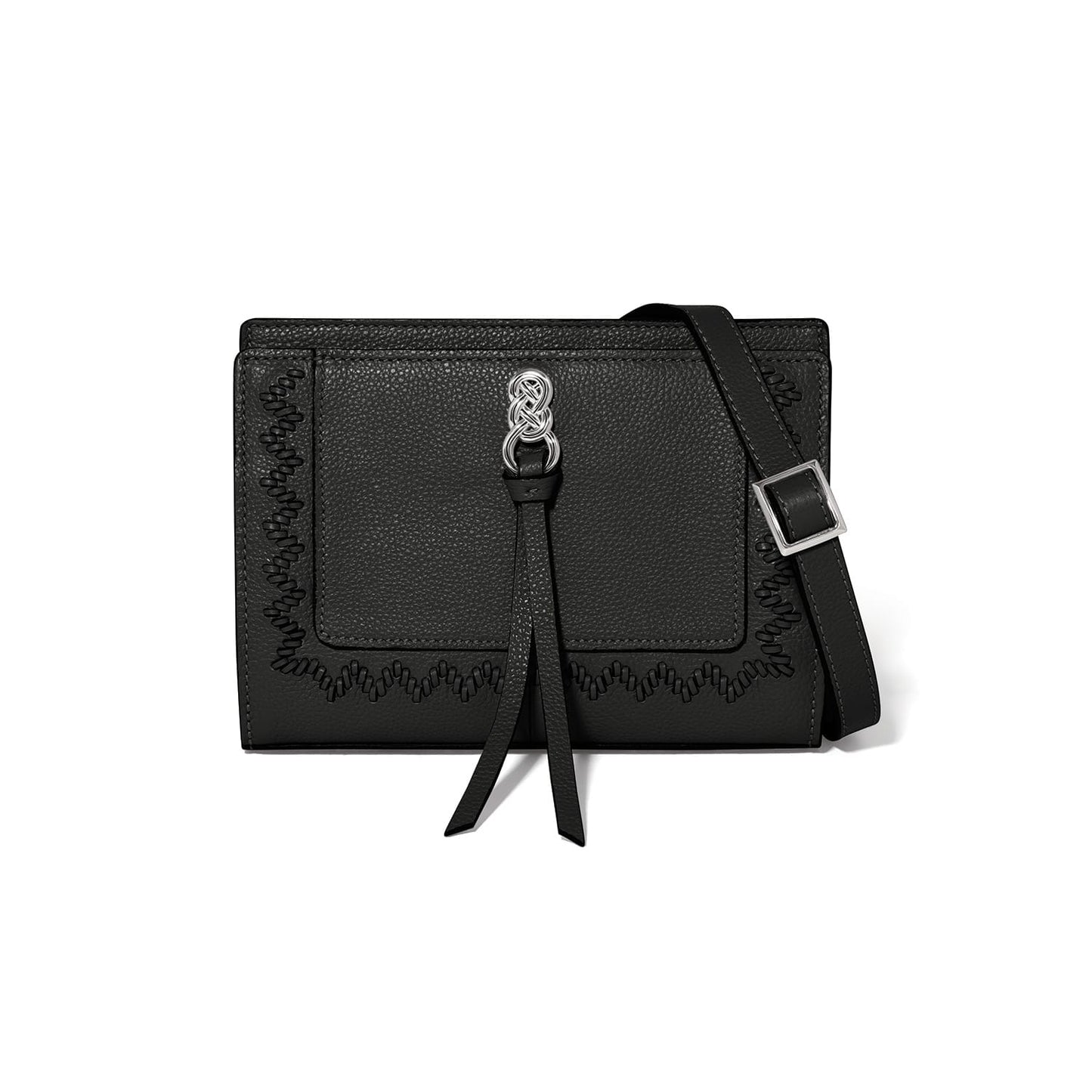Brighton black pebbled leather crossbody handbag with silver-tone knot accent, leather tassel, and whipstitch trim on a white background