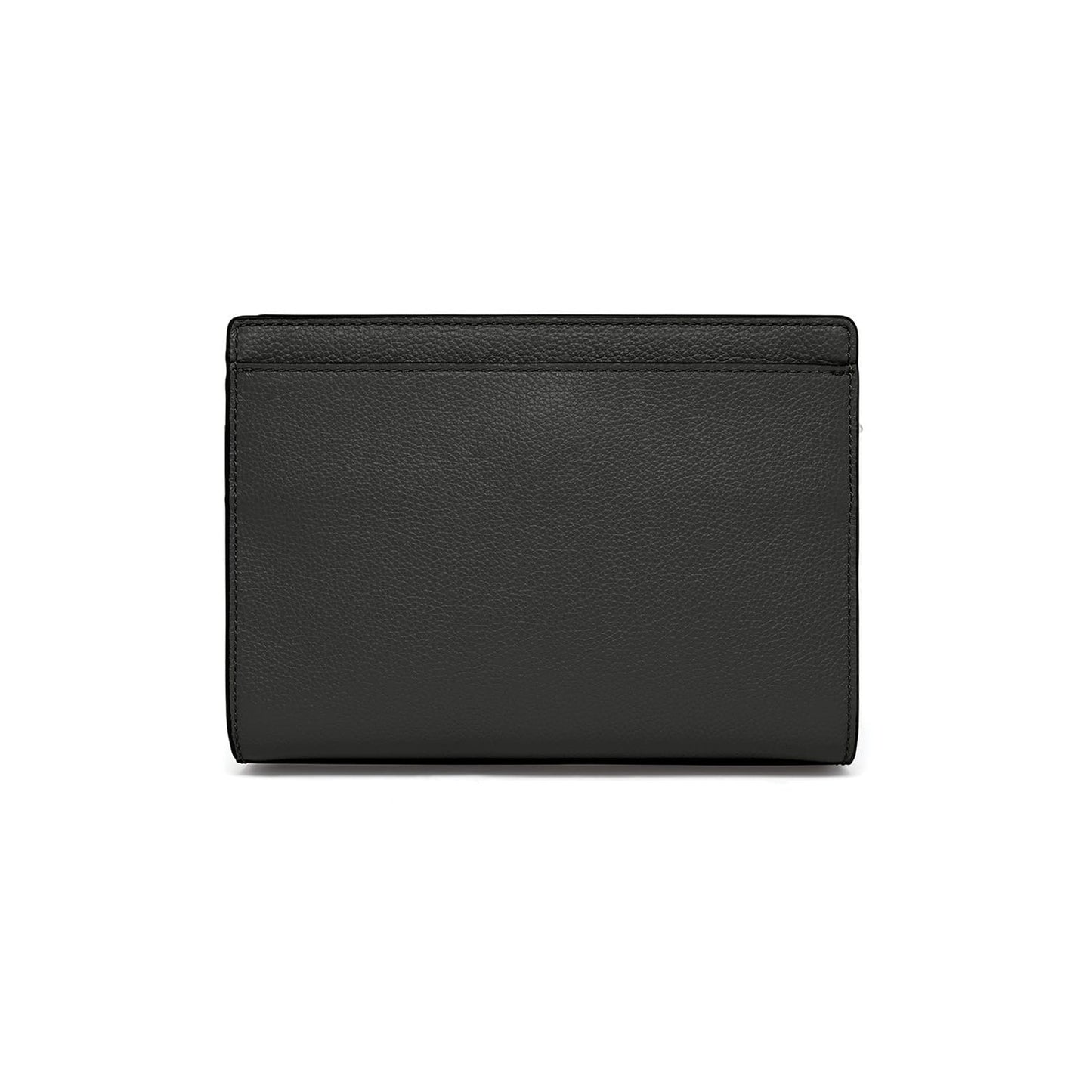 Brighton handbag shown from the back with black pebbled leather and clean stitched edges on a white background