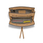 Brighton tan leather handbag shown open with patterned fabric interior, card slots, and zip pocket on a white background
