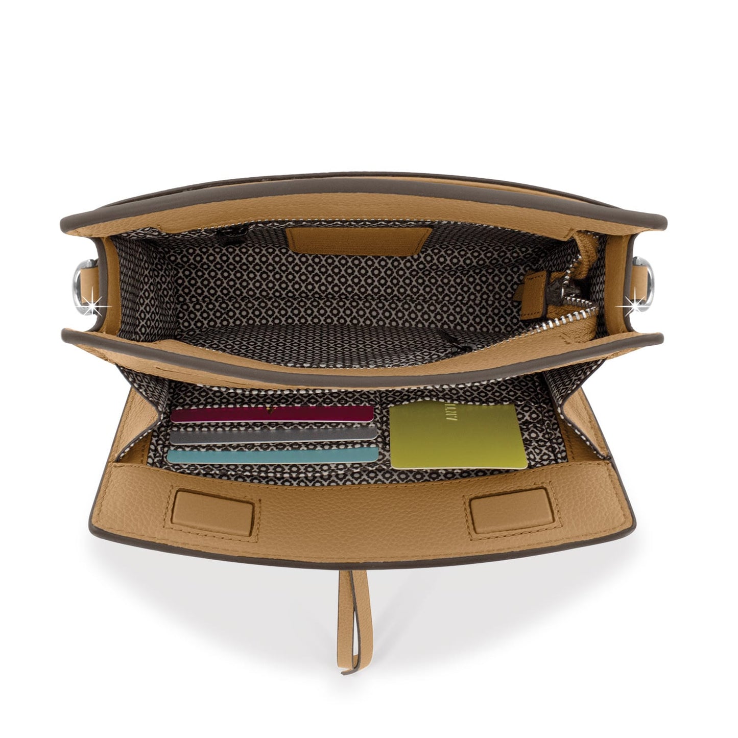 Brighton tan leather handbag interior view with patterned lining, card slots, and zippered pocket on a white background