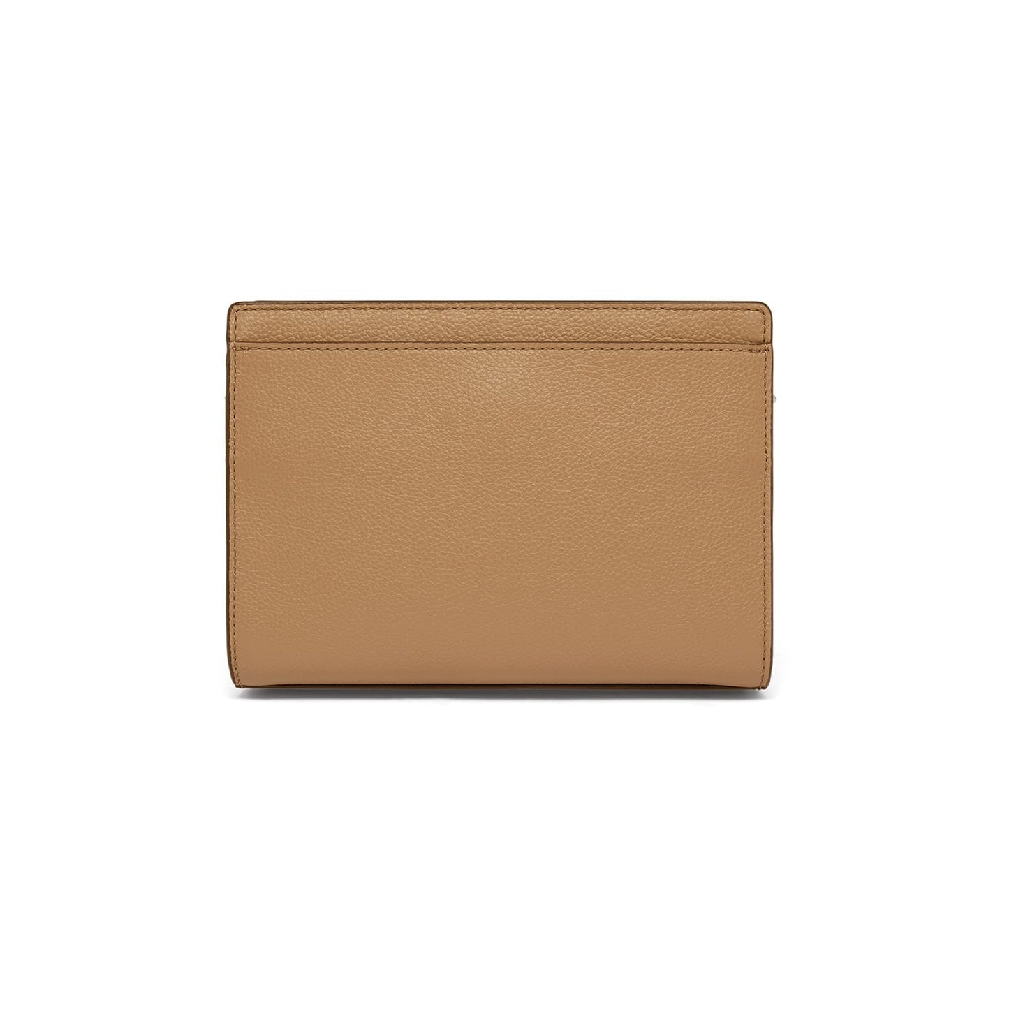 Brighton tan pebbled leather handbag shown from the back with foldover flap and stitched edges on a white background