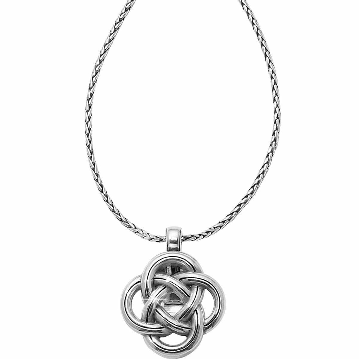 Brighton pendant necklace with silver-plated Celtic knot design on a woven chain on a white background