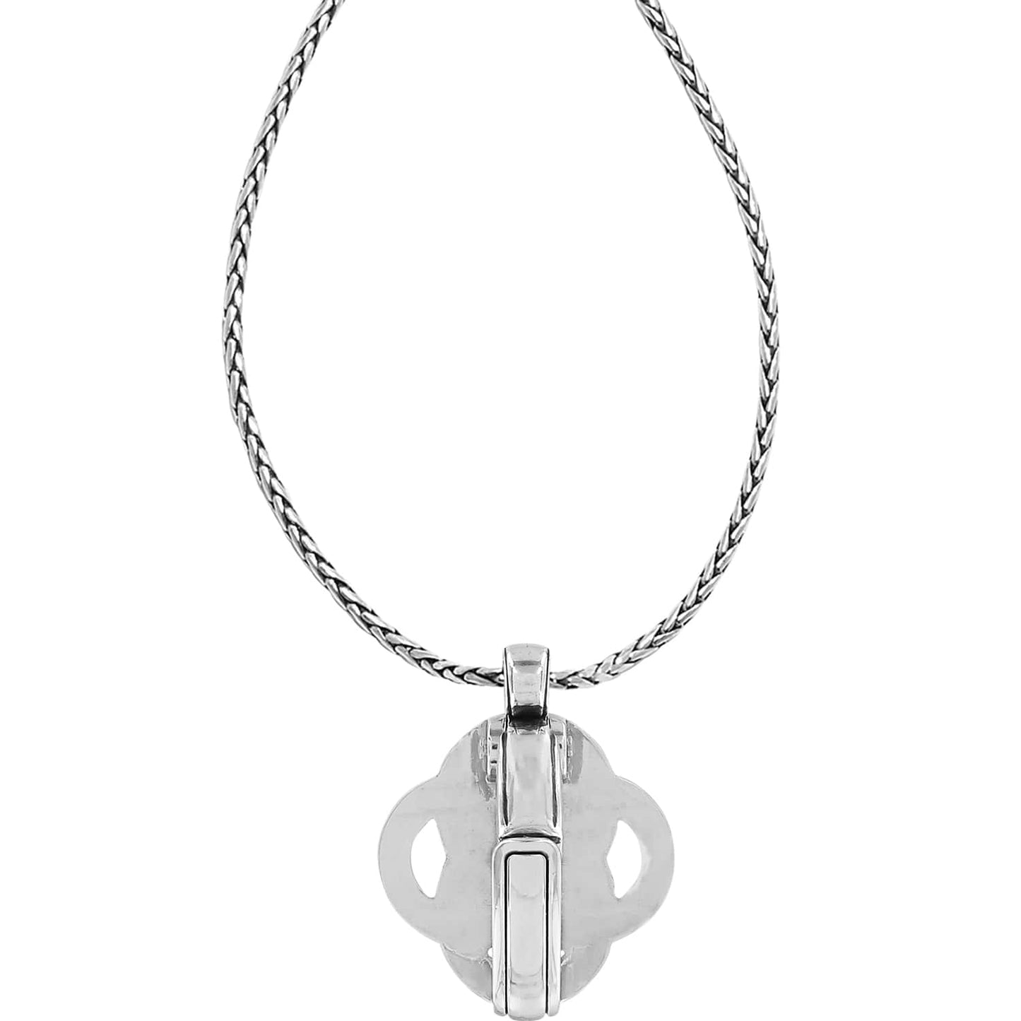 Brighton pendant necklace shown from the back with silver-plated quatrefoil pendant and woven chain on a white background