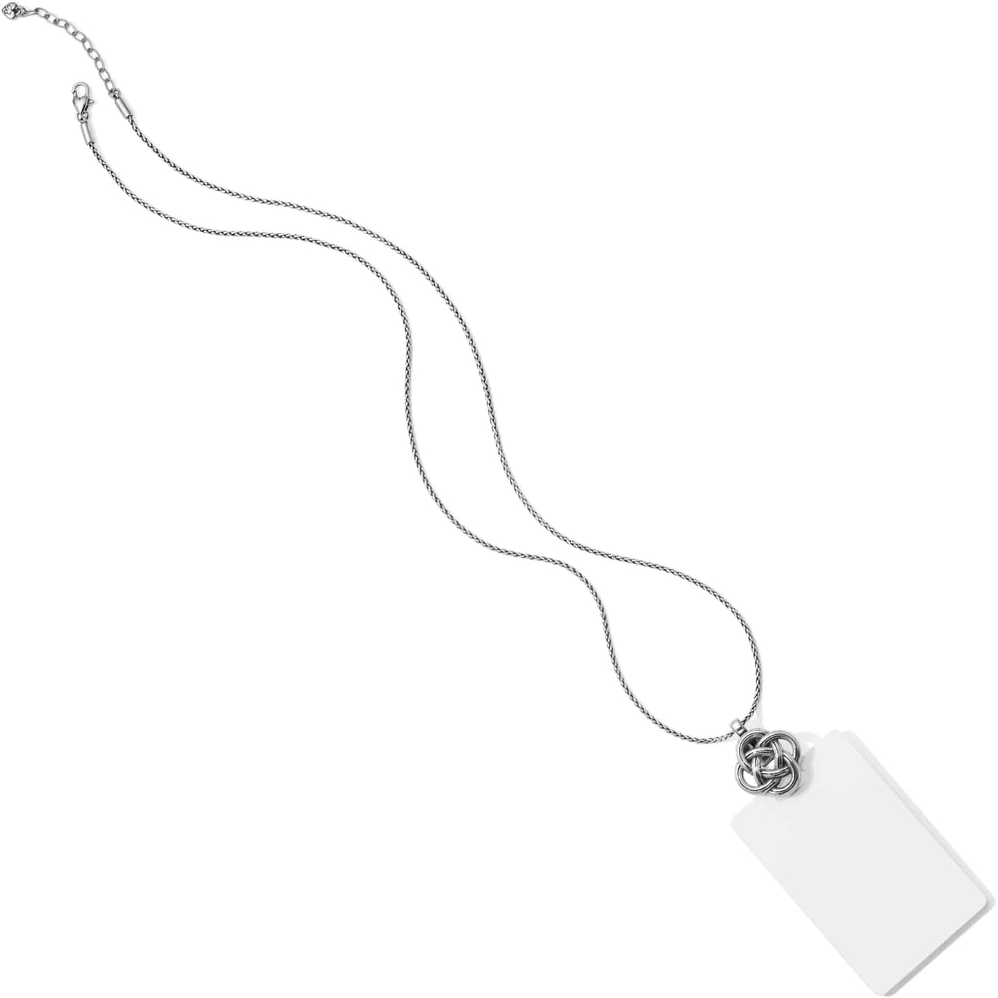 Brighton silver-plated ID badge lanyard necklace with woven chain, knot pendant, and blank tag on a white background