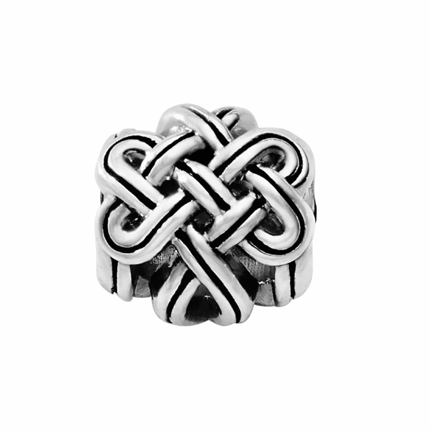 Brighton charm with silver-plated woven Celtic knot design and detailed interlaced pattern on a white background