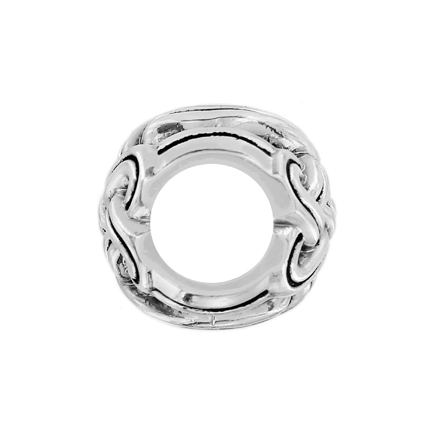 Brighton charm bead with silver-plated openwork Celtic knot design and center threading hole on a white background