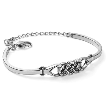 Brighton bangle bracelet with silver-plated interwoven knot centerpiece, extender chain, and lobster clasp on a white background