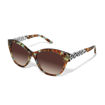 Brighton cat-eye sunglasses with blue and brown tortoise frames, silver-tone braided temple accents, and gradient brown lenses on a white background