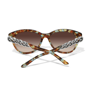 Brighton sunglasses shown from the back with blue and brown tortoise frames and silver-tone braided temple accents on a white background