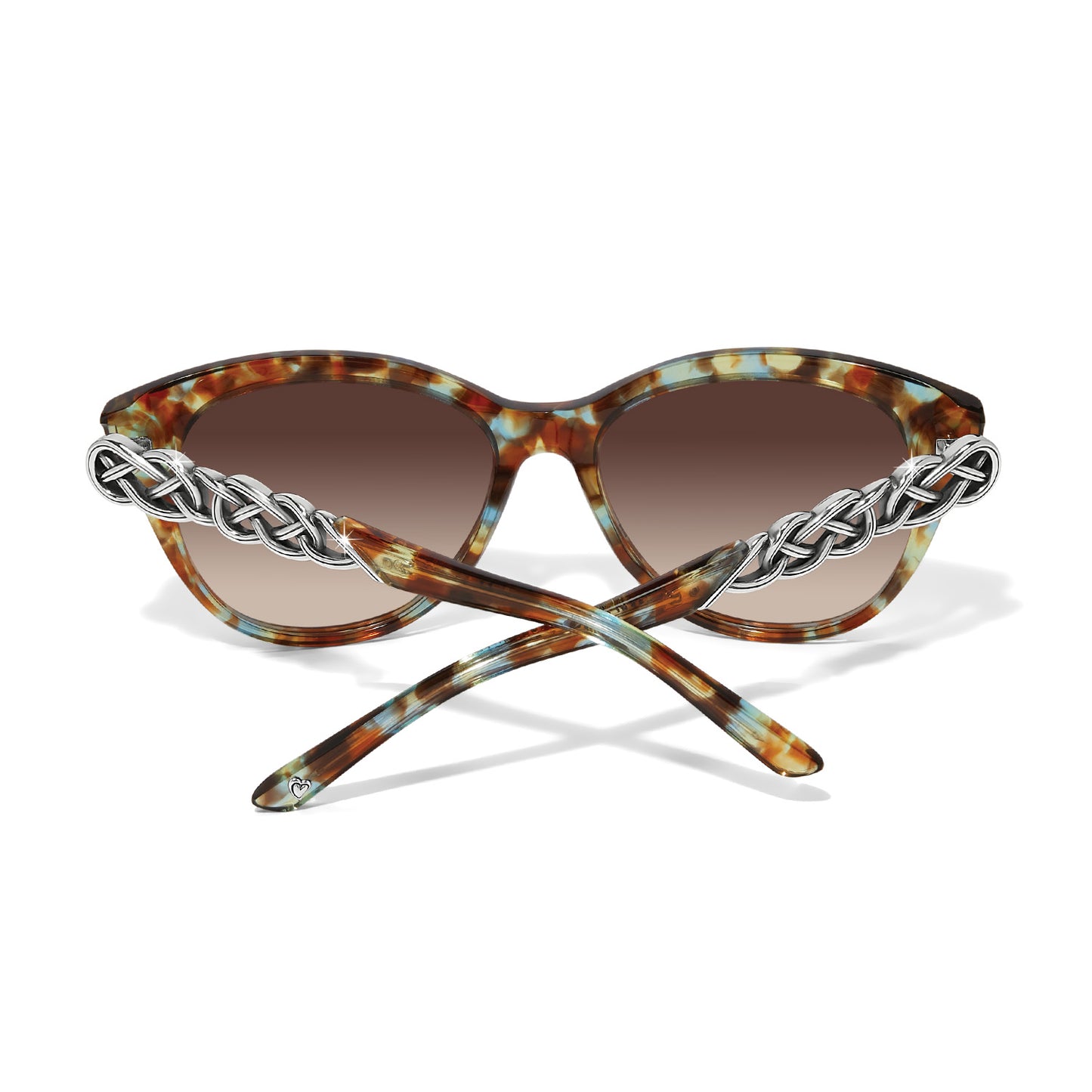 Brighton sunglasses shown from the back with blue and brown tortoise frames and silver-tone braided temple accents on a white background