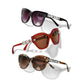 Brighton sunglasses trio in black, red, and tortoise with silver-tone chain and knot temple accents on a white background