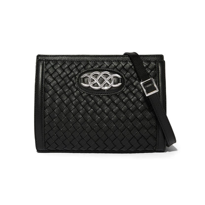 Brighton crossbody handbag in black woven leather with silver-tone interlocking emblem and adjustable strap on a white background