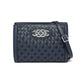 Brighton crossbody handbag with navy and black woven leather, silver-tone knot medallion, and adjustable strap on a white background