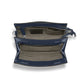 Brighton navy leather handbag shown open with patterned fabric interior, zip pocket, and silver-tone hardware on a white background