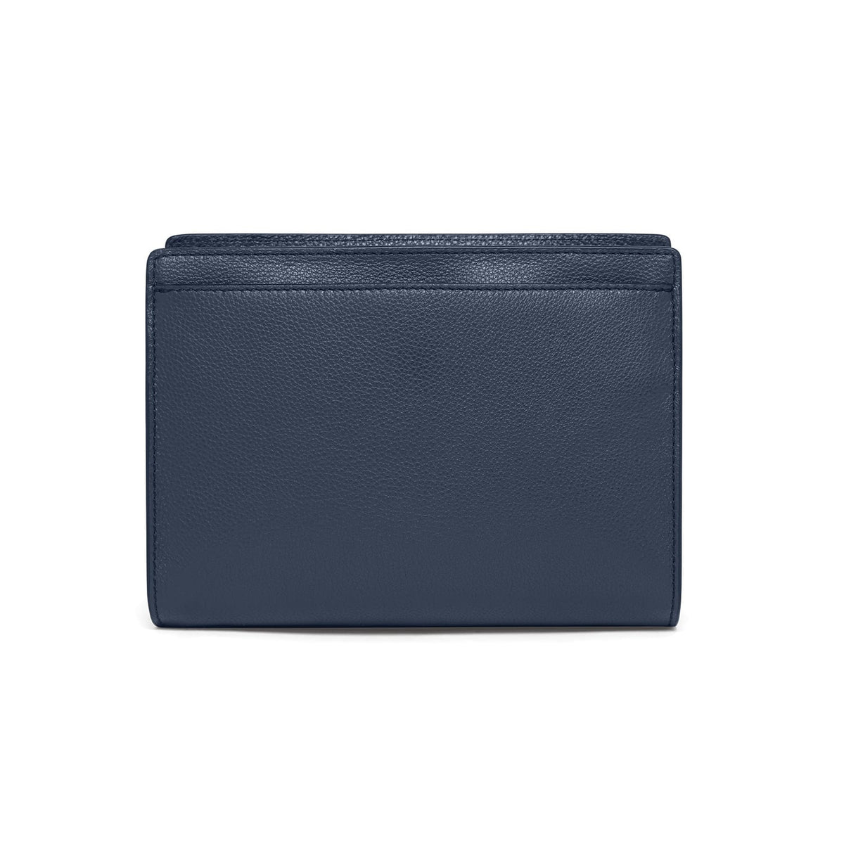 Brighton navy blue pebbled leather wallet shown from the back with stitched trim on a white background
