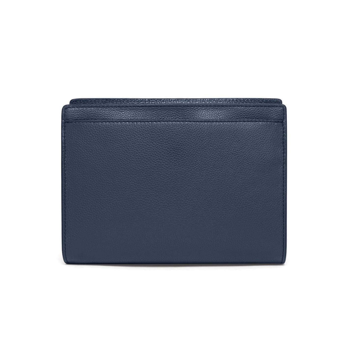 Brighton navy blue pebbled leather wallet shown from the back with stitched trim on a white background