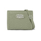 Brighton crossbody handbag in sage green woven leather with silver-tone interlocking emblem and adjustable strap on a white background