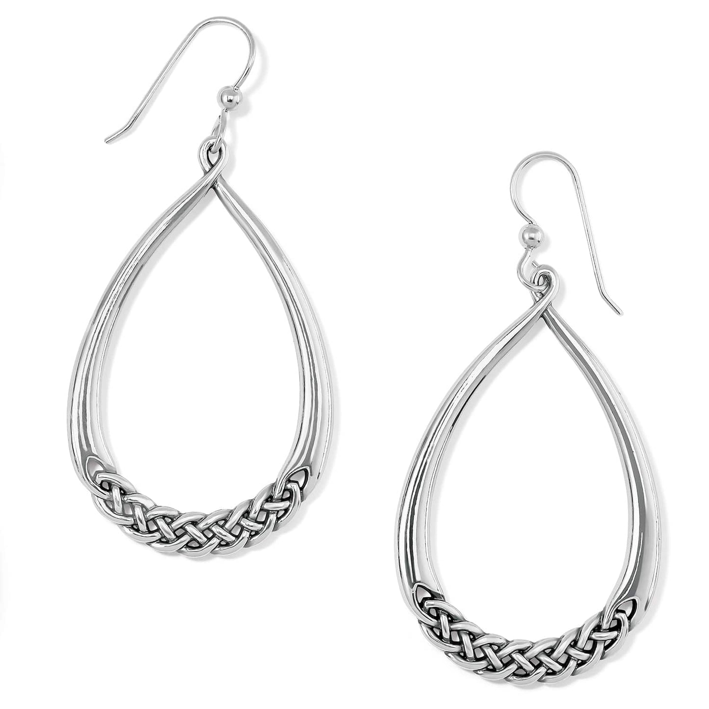 Brighton silver-plated teardrop drop earrings with braided woven detail along the bottom curve on a white background