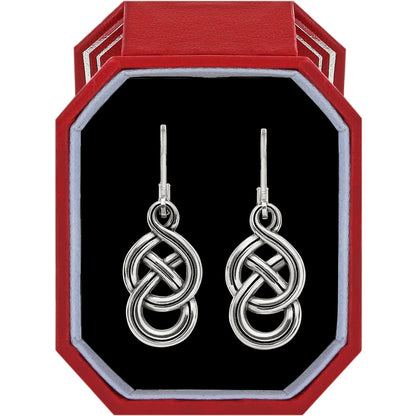 Brighton silver-plated drop earrings with interwoven knot design displayed in a red gift box on a white background