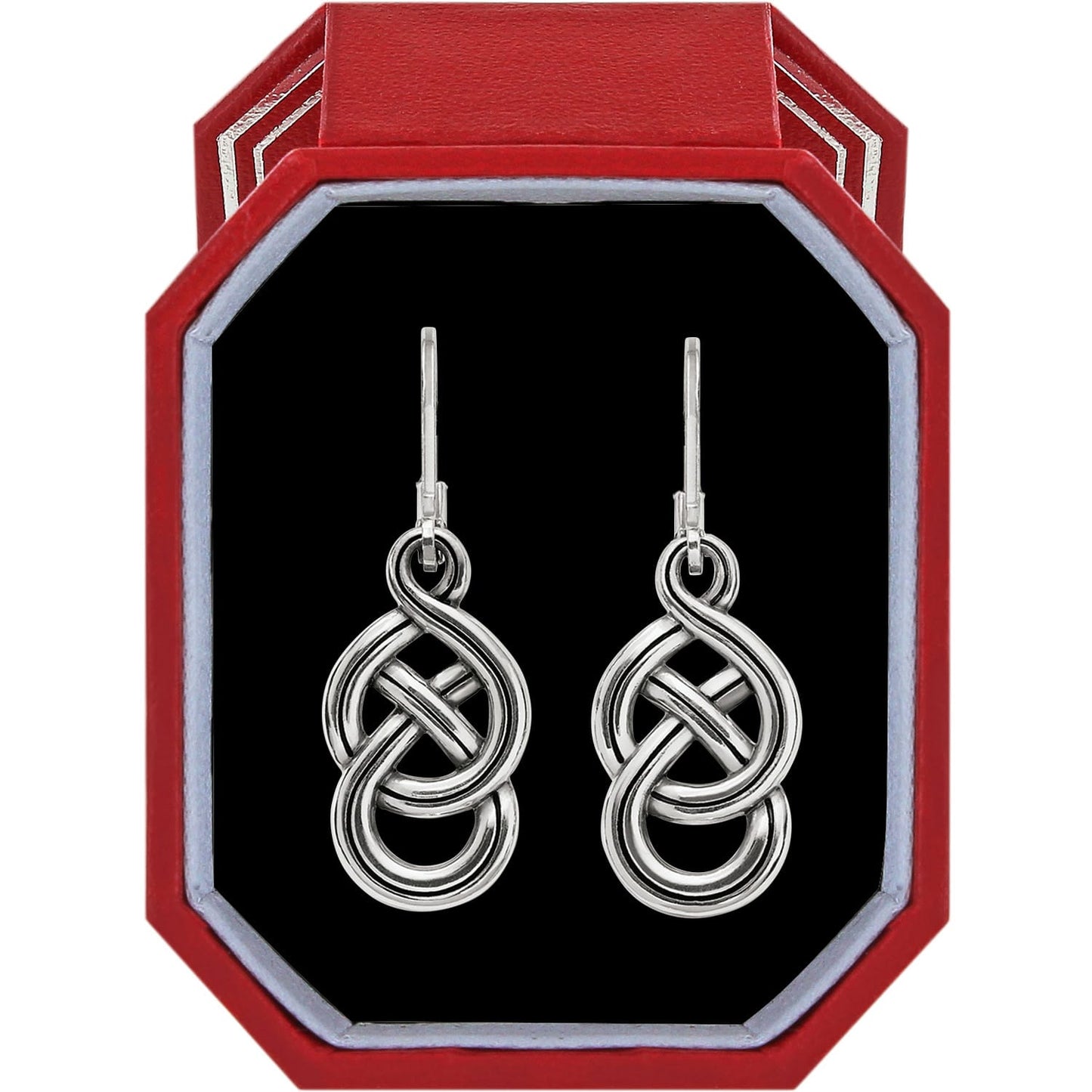 Brighton silver-plated drop earrings with interwoven knot design displayed in a red gift box on a white background
