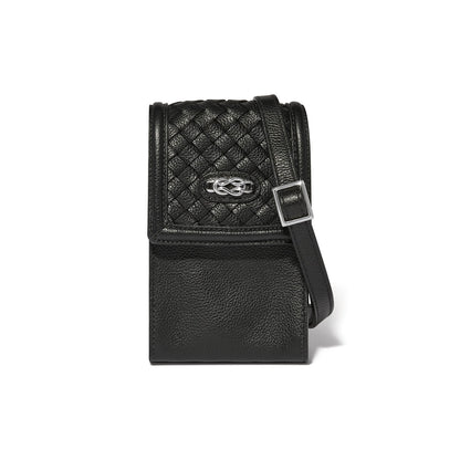 Brighton crossbody phone bag in black leather with woven flap, silver-tone emblem, and adjustable strap on a white background