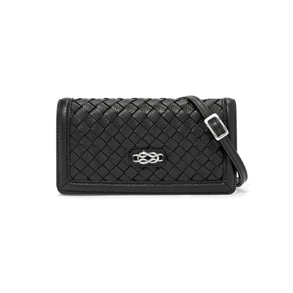 Brighton crossbody wallet in black woven leather with silver-tone interlocking emblem and adjustable strap on a white background