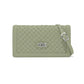 Brighton woven leather crossbody handbag in sage green with silver-tone interlocking clasp and adjustable strap on a white background