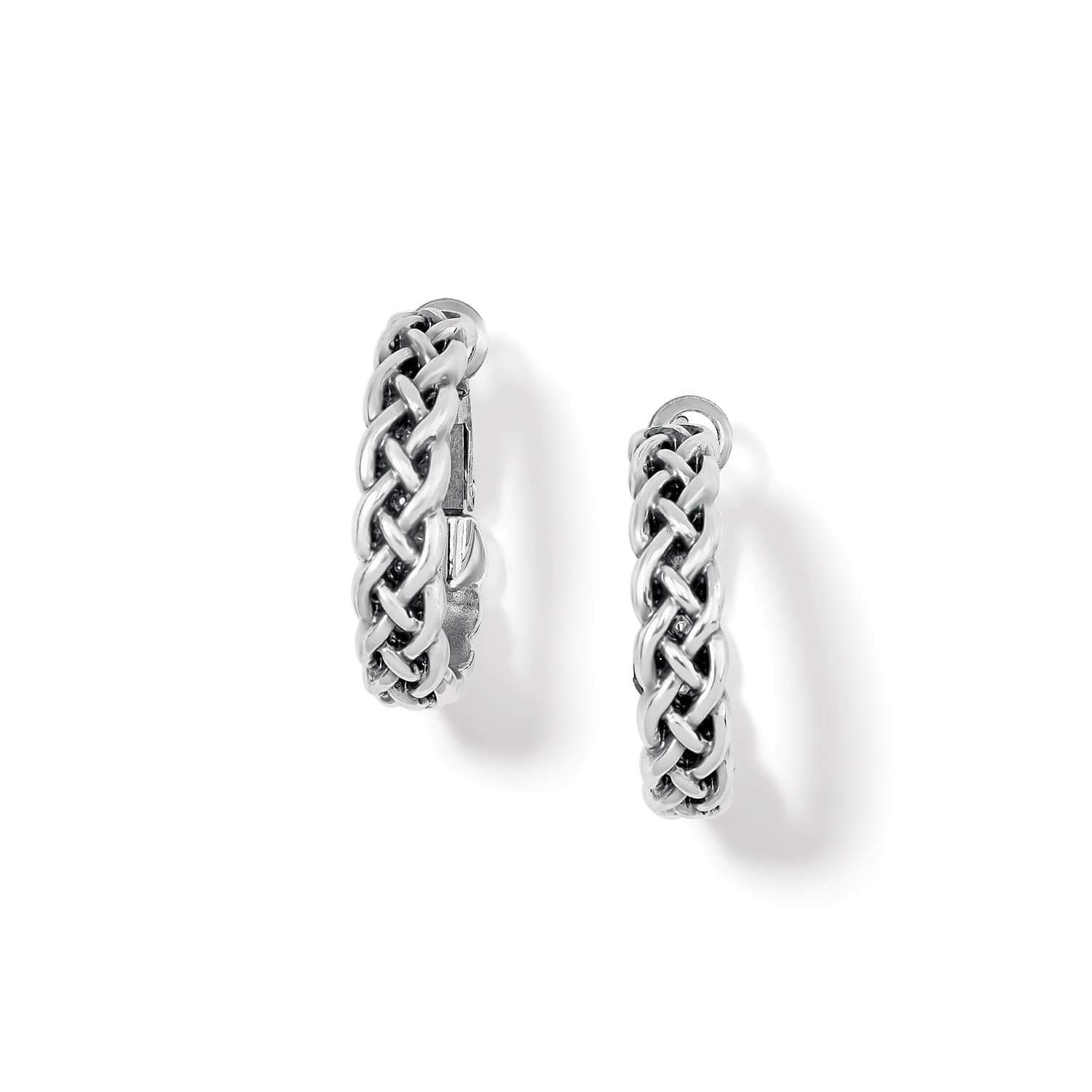 Brighton hoop earrings with silver-plated braided woven design shown from two angles on a white background