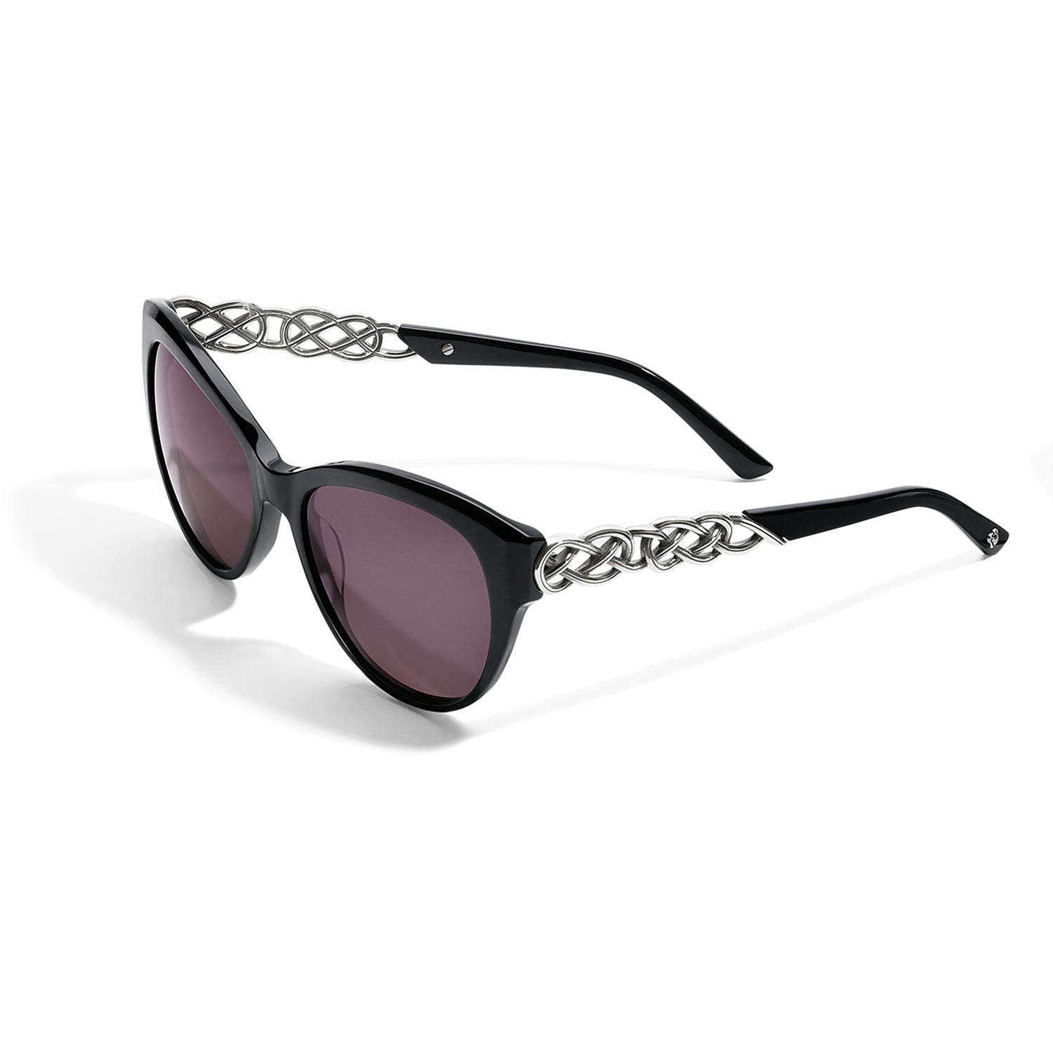Brighton cat-eye sunglasses with black frames, purple-tinted lenses, and silver-tone Celtic knot temple detail on a white background